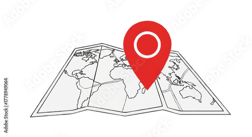 World map with a red location pin icon. GPS navigation and travel destination concept. Simple flat vector illustration