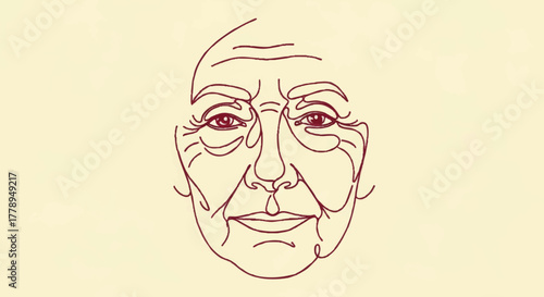 A single line art illustration of an elderly person's face. Minimalist drawing showing the concept of aging and wrinkles. Abstract vector portrait