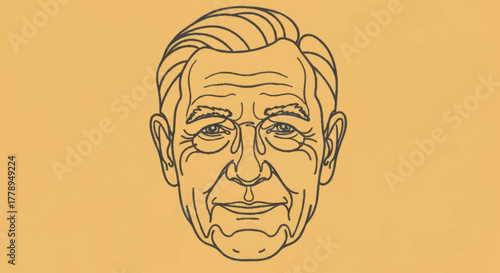 Line art portrait of an elderly man's face. Minimalist vector illustration showing signs of aging. Hand-drawn character sketch with wrinkles