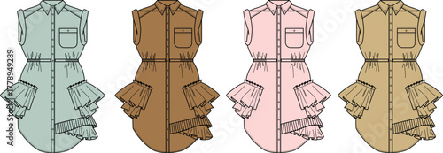 Set of technical flat sketches illustrating a women's sleeveless utility shirtdress design. Fashion template collection with ruffle details and various color options