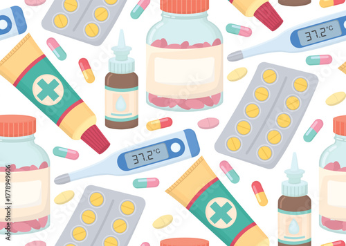 Seamless background with pharmaceutical products and medical items. Colorful pattern of thermometer, nasal drops, ointment tube, pill bottles, capsules, blister packs with tablets