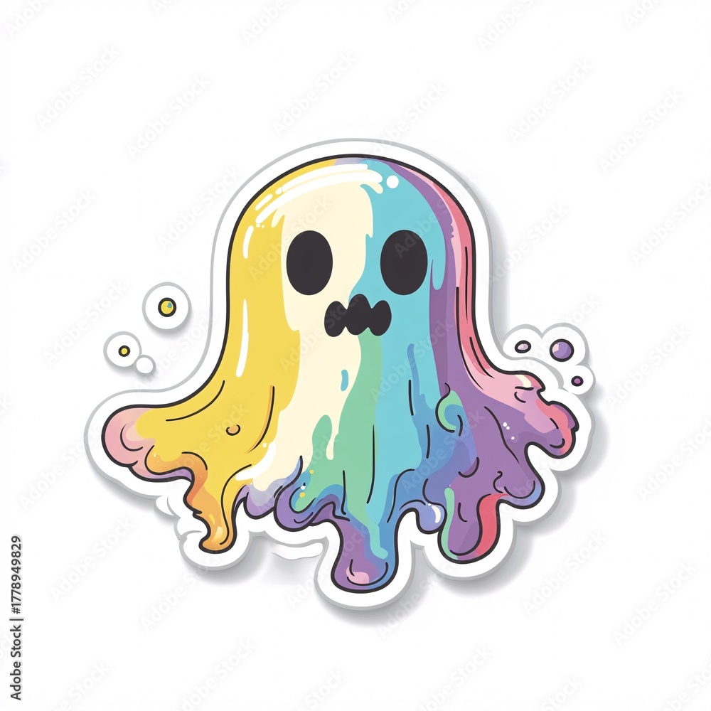 Fototapeta premium Sticker design of a pop surreal rainbow tea ghost spilling sugary mist on white background, no person, no tattooed skin
