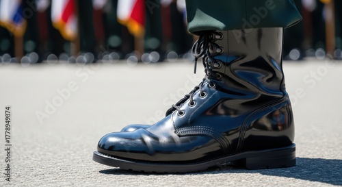 Shiny black military boots on parade ground