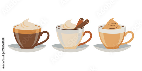 Assortment of hot coffee drinks with cream and cinnamon.