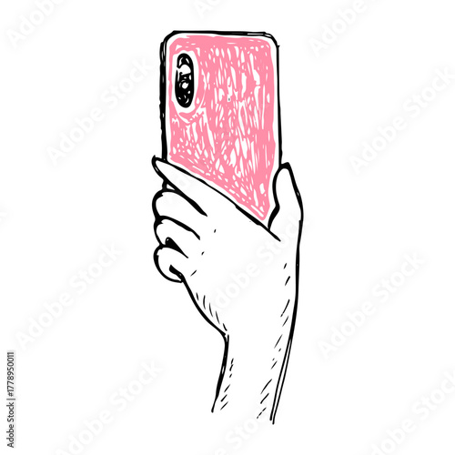 Human hand holding a smartphone taking selfies, photos, video gestures hand drawn