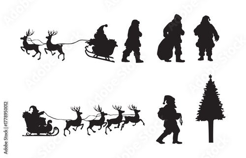 A classic Christmas silhouette with Santa, a Christmas tree, and festive decorations. Santa, a tree, and holiday cheer. Santa and a tree bring Christmas joy. The holiday illustration is set on white.
