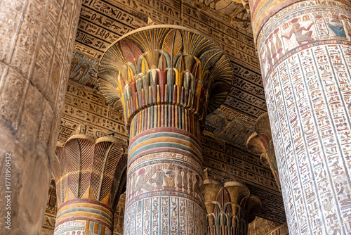 Fotografie Ornate Column Capitals and Interior of Ancient Egyptian Hypostyle Hall