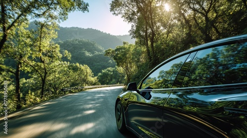 Eco-friendly electric car driving through a lush green natural landscape, showcasing environmental sustainability and green technology, ideal for eco-conscious brands and travel content.