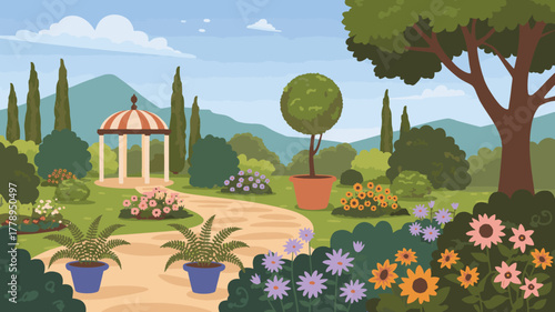 Scenic garden landscape with gazebo, flowerbeds, and topiary trees in summer