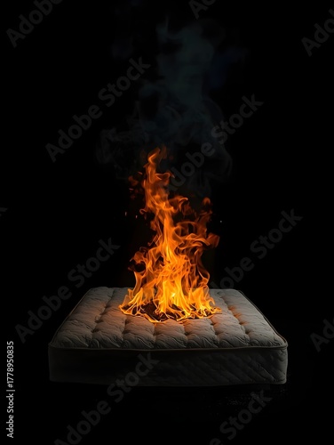Conceptual photo of a burning bed mattress in the dark symbolizing lost rest wasted days and pressure of fleeting time