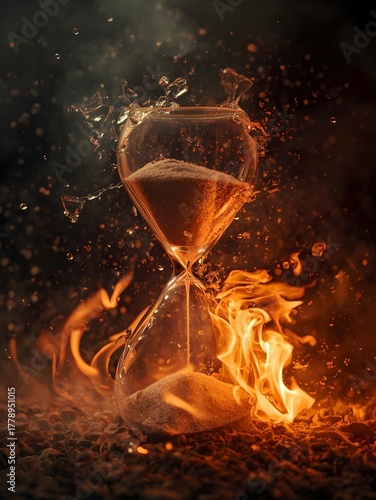 Symbolic image of an hourglass shattering into flames with sand turning into embers representing time lost and finality