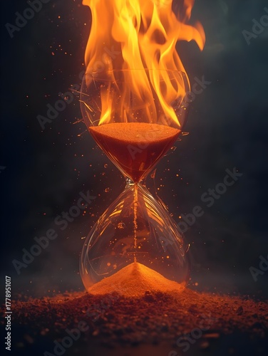 Symbolic image of an hourglass shattering into flames with sand turning into embers representing time lost and finality