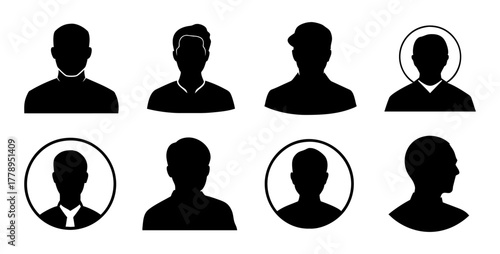 Set of male silhouette avatars in different head and shoulder poses, isolated on transparent background, user or profile icons