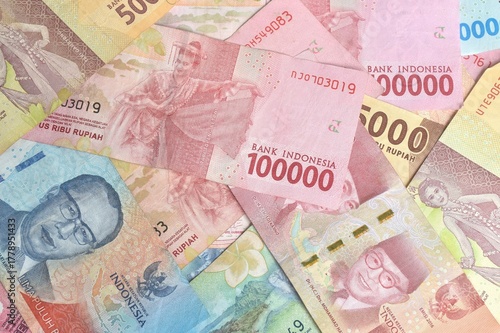 indonesia rupiah banknote arranging on wooden table texture and background them