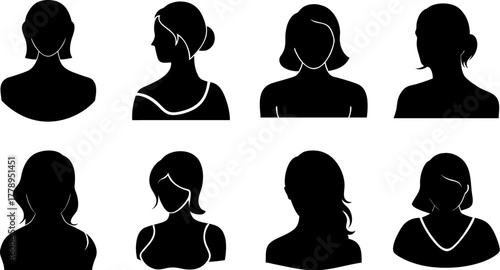 Set of women silhouette avatars in different head and shoulder poses, isolated on transparent background, user or profile icons