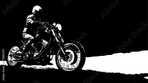 Vintage bike racing. Black and white graphic illustration of a motorcyclist riding a vintage chopper motorcycle