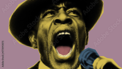 Pop art style portrait of a jazz and blues singer passionately performing with microphone
