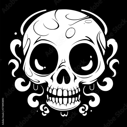 Playful skull face with large round eyes and toothy grin, swirling ornamental accents surrounds the head, black and white graphic