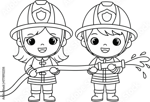 Cute firefighter kids spraying water, cartoon boy and girl in fire helmets, safety hero illustration for children, firefighter coloring page