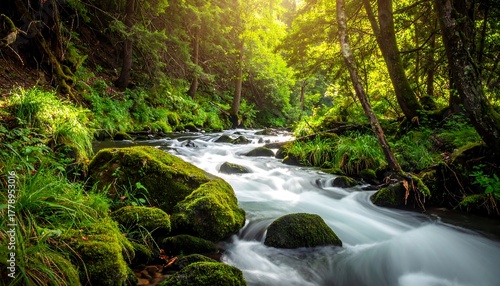 Sunlight streams through a lush forest, illuminating a rushing brook