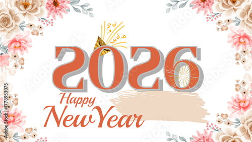Happy New Year 2026 greeting card with floral border and celebratory fireworks illustration