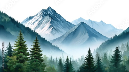 Forest trees and snowy mountains watercolor landscape