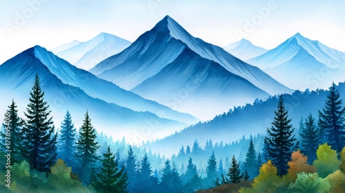 Blue watercolor mountain landscape with pine forest
