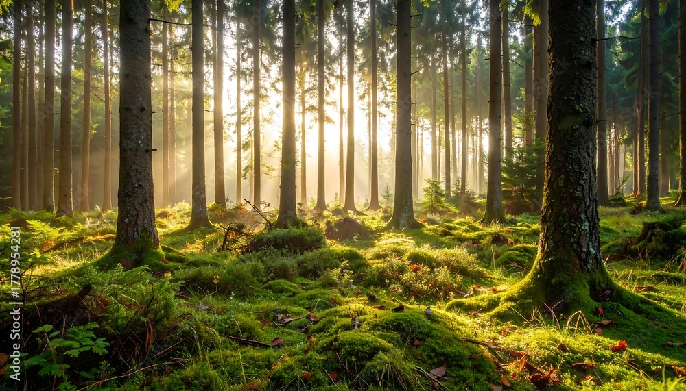 Obraz premium Sunlight streams through a misty forest (5)