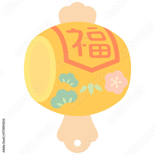 Golden Lucky Mallet Icon – Cute Soft Color Japanese New Year Vector Illustration with Kanji ‘Fuku’ and Pine Bamboo Plum Design