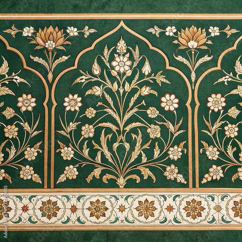 floral panel mughal art lotus pattern arch design gold beige green textile style