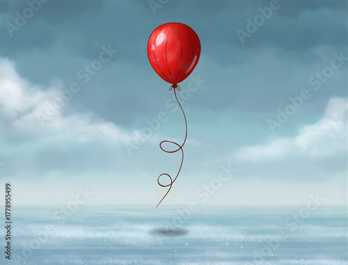 A single red balloon floating in the sky above water