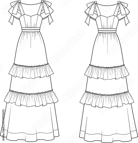 Elegant tiered ruffle long dress technical flat sketch, women fashion design CAD template with frill sleeves, front and back view illustration, detailed vector