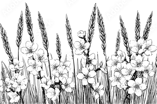 Sedge Grass Quince Blossoms: Rural Pastoral Scene | Clean, isolated vector art for creative projects.