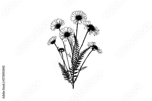 Elegant bouquet chamomile fern fronds vintage sketch style | Clean, isolated vector art for creative projects.