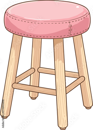 Cute wooden stool illustration, pink cushioned chair design, cartoon furniture clipart, kids room decor stool, home interior seating art