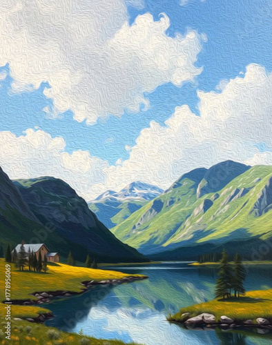 Mountain landscape. Pattern with oil paint for printing on wall decorations, covers, wallpapers