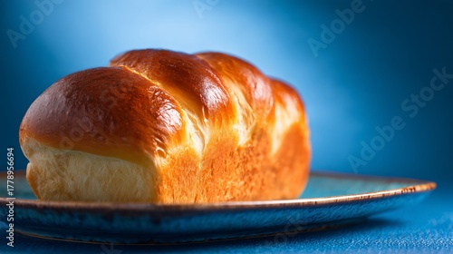 A loaf on blue ceramic plate, modern tone contrast