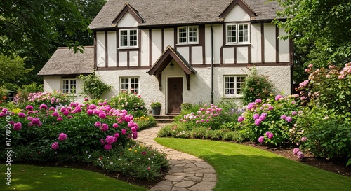 Charming Tudor-style cottage with a picturesque garden blooming with colorful flowers and lush