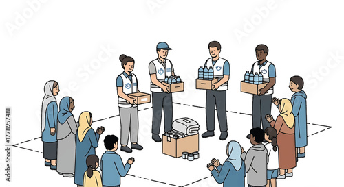 Illustration of people distributing food boxes to a diverse group in a circular formation with a neutral color palette.