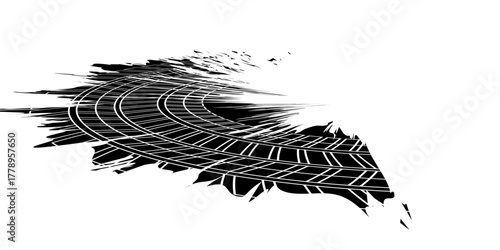 Tire tread marks, wheel textures, tire marks - car racing, motocross, drift, rally, off-road and others. Vector black isolated texture in grunge style with splashes.eps10