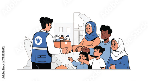 Illustration of a humanitarian aid worker providing assistance to a diverse family in a city setting with a white background.