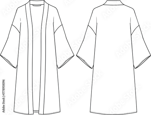 Kimono style coat fashion sketch, open front cardigan technical drawing, flat vector template, garment design, cad drawing flat vector illustration
