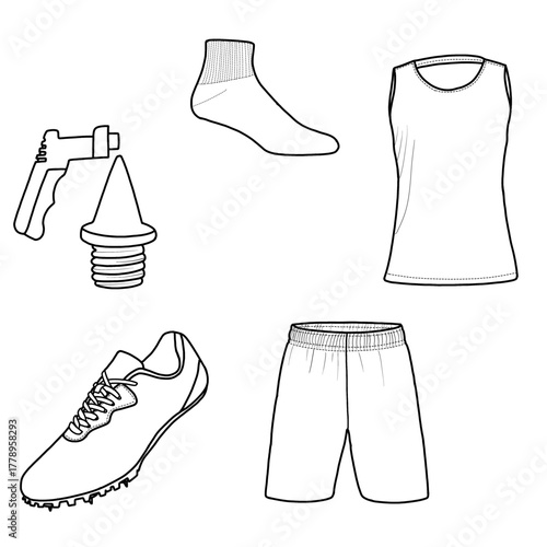 A collection of essential track and field equipment and apparel, including running spikes, shorts, a tank top, socks, and a starting gun with a cone, all rendered in a clean line art style.