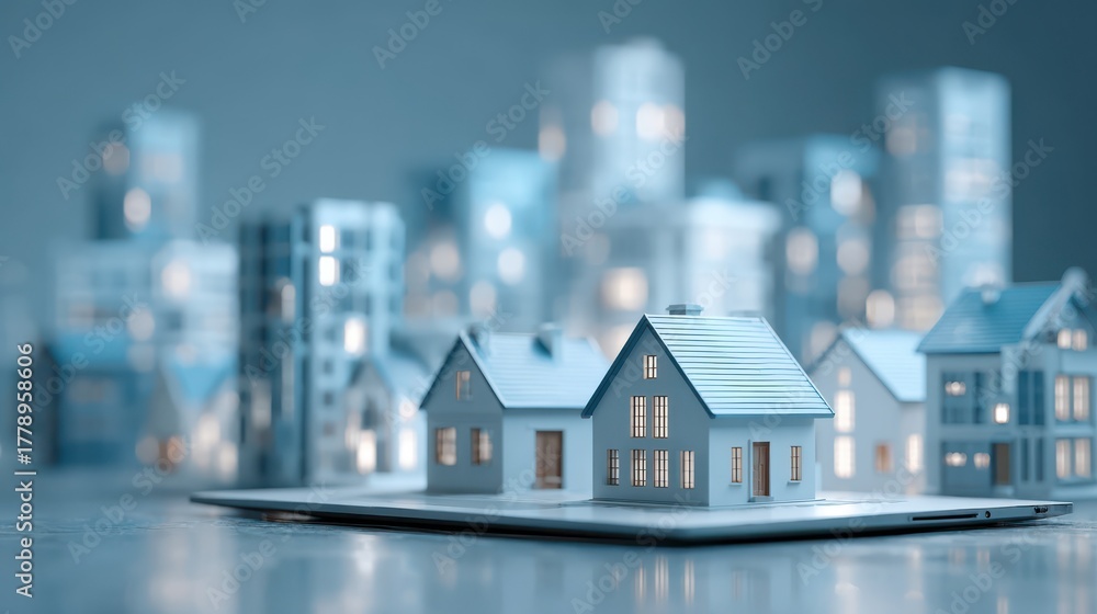 custom made wallpaper toronto digitalMiniature houses and buildings on a tablet, representing the concept of smart city, real estate, and modern technology