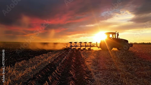 Agricultural machinery cultivating field during dramatic sunset