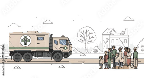 An ambulance drives past a group of people standing on the sidewalk in a suburban neighborhood with a tree and houses in the background.