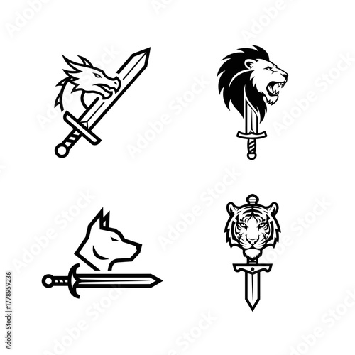 Set of four stylized animal heads and swords emblems for logos and icons