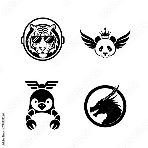Collection of stylized black and white animal logos including a tiger panda penguin and dragon