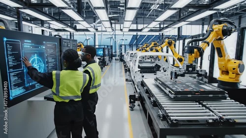 Industrial technicians observing automated robotic welding sparks in manufacturing facility