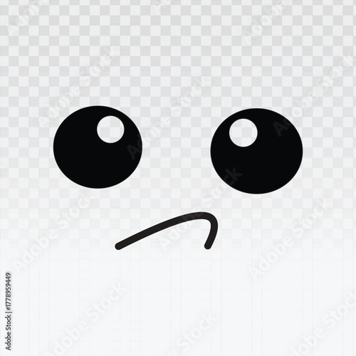 Simple emoticon face with large black eyes gazing upward and a small uncertain mouth. Minimalist cartoon expression perfect for apps, stickers, messaging icons, or digital communication graphics.